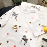 BOOPDO DESIGN SEQUIN STAR AND HORSE EMBROIDERY LONGLINE T SHIRT - boopdo