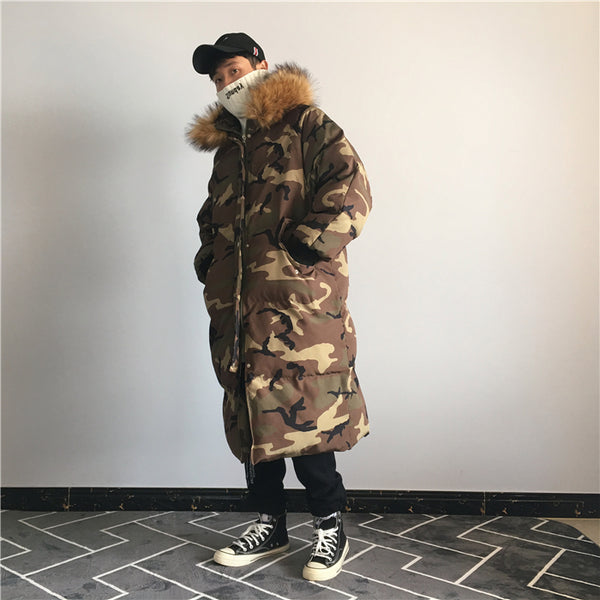 ABLARZO SNAP LOOK CAMOUFLAGE LONG COTTON HOODED JACKET - boopdo
