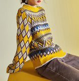 PEACE BIRD KNITTED JUMPER IN YELLOW AND BLUE GEO - boopdo