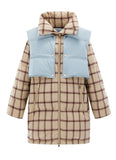 PEACE BIRD LONG LINE CHECK PUFFER JACKET WITH DETACHABLE VEST - boopdo