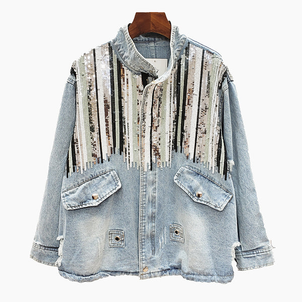 GIANA TRUANCY OLD STYLE DENIM JEAN WOMEN JACKET WITH BEADED SEQUINS - boopdo