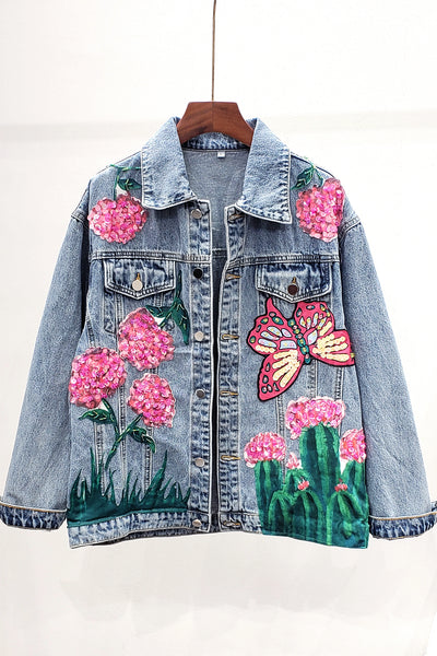 KEAN DENYA GANGO HANDMADE FLOWER BUTTERFLY EMBROIDERED DENIM JEAN COAT - boopdo