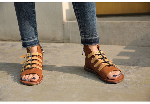 PROVA PERFETTO HUFFO ROMAN OPEN TOE FLAT SOLE LEATHER SANDALS - boopdo