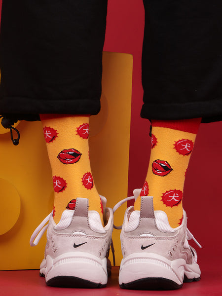 ZWILL UNIQUE RED LIPS JAPANESE PRINT COTTON UNISEX SOCKS - boopdo