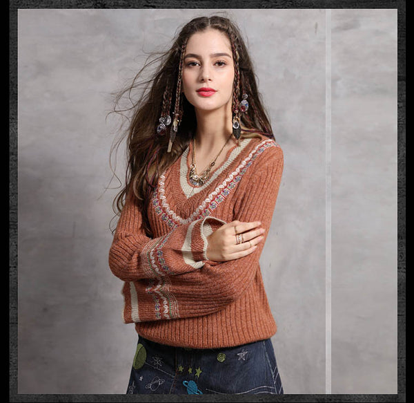 ARTKA ZAYRAN KEER FLARED SLEEVE V NECK SWEATER IN RUST RED - boopdo