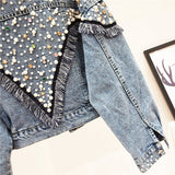 JEYYO CATHRO RETRO STAR OLD FASHION DENIM JEAN WOMEN JACKET WITH BEADED ACCESSORIES - boopdo