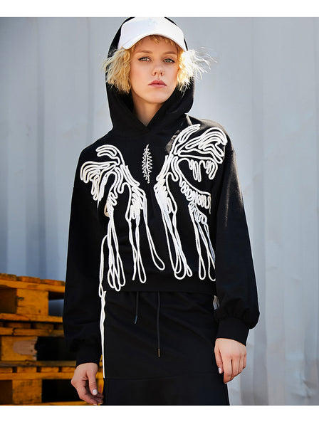 MAXMARTIN BLACK HOODIE WITH ABSTRACT LACE PATTERN - boopdo