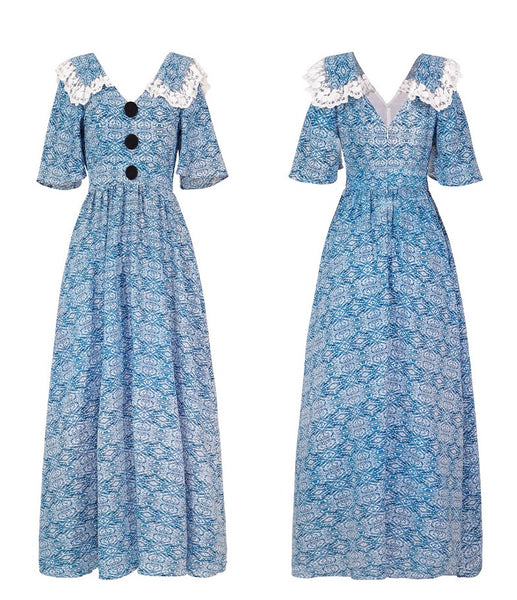 SINCE THEN LACE COLLAR BUTTON FRONT MAXI DRESS IN SCARF PRINT - boopdo