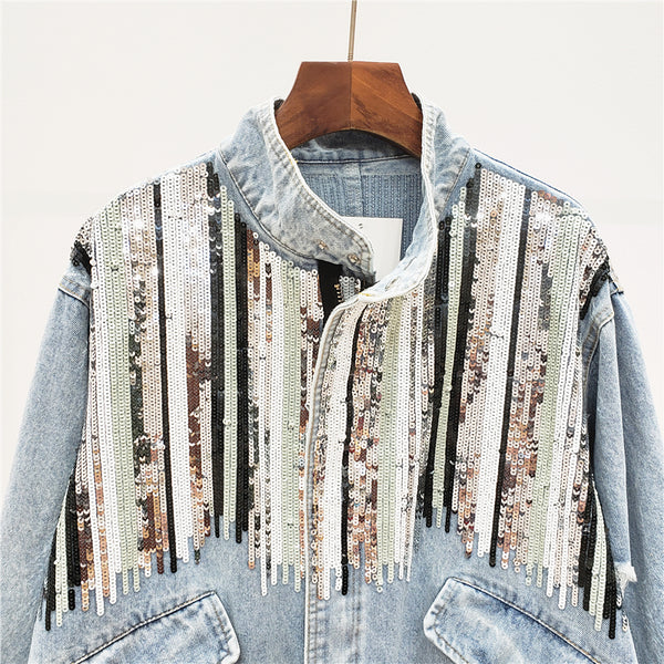 GIANA TRUANCY OLD STYLE DENIM JEAN WOMEN JACKET WITH BEADED SEQUINS - boopdo