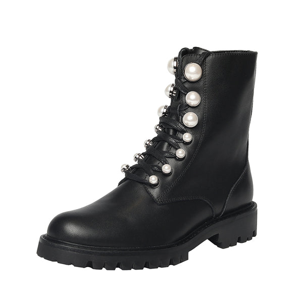 NANCY SHPACKS LEATHER PEARL STONE LACE UP WOMENS ANKLE BOOTS IN BLACK - boopdo