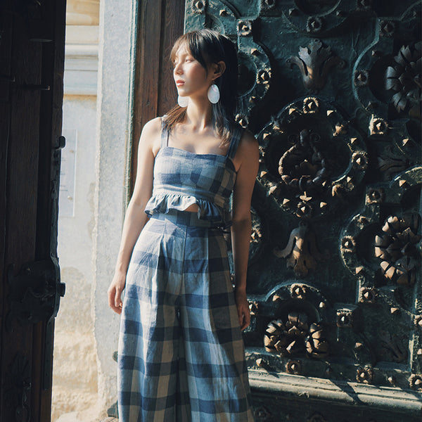 SINCE THEN VINTAGE INSPIRED BUTTON THROUGH CROP TOP AND WIDE LEG TROUSERS IN CHECK - boopdo
