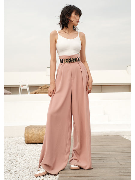 VERRAGE HIGH WAIST WIDE LEG TROUSERS IN PINK - boopdo