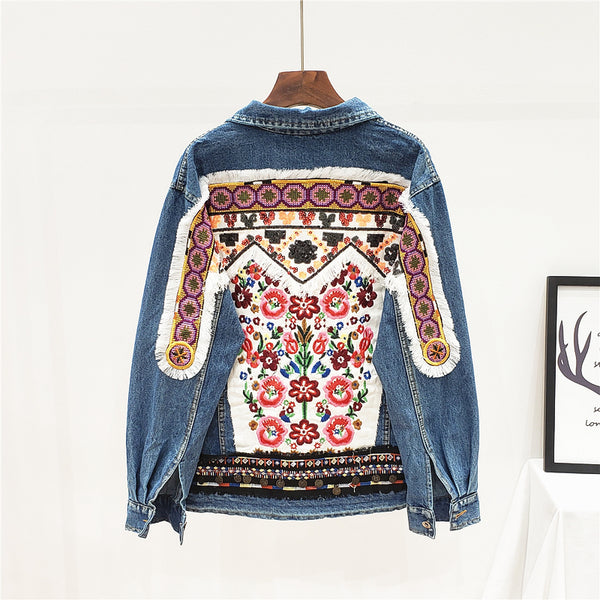 JEYYO CATHRO RETRO ETHNIC FLOWER EMBROIDERED BEADED SEQUIN DENIM JEAN JACKET - boopdo