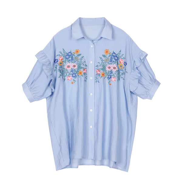 8GIRLS FLORAL EMBROIDERY FRILL DETAIL SHIRT - boopdo