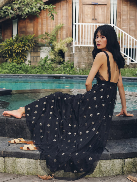 SINCE THEN MESH TOP EMBELLISHED MAXI DRESS IN BLACK - boopdo