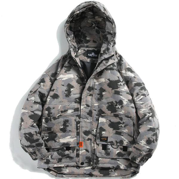 CHUCK CATZO STAND COLLAR CAMOUFLAGE HOODED JACKET IN GRAY - boopdo