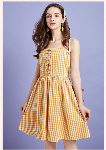 ARTKA LACE UP FRONT MINI SUNDRESS IN YELLOW CHECK - boopdo