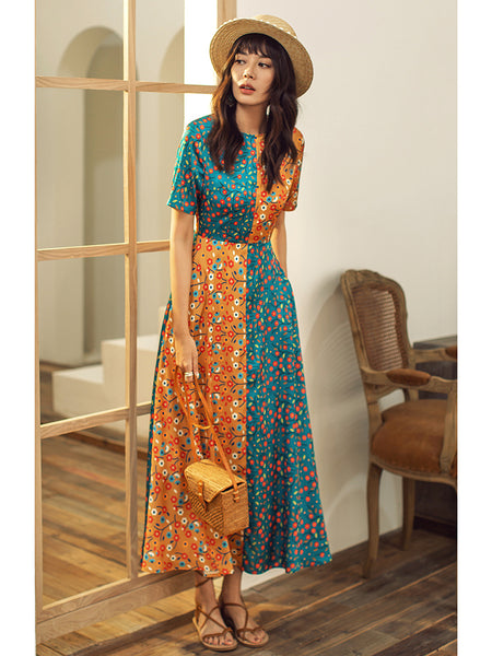 VERRAGE CONTRAST RETRO FLORAL MIDAXI DRESS - boopdo