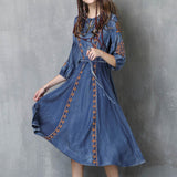 ARTKA KYRA KEER ETHNIC STYLE EMBROIDERED MID LENGTH DENIM JEAN DRESS - boopdo