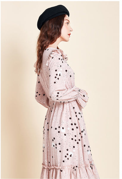 ARTKA FRILL MIDI DRESS IN SPOT PRINT - boopdo