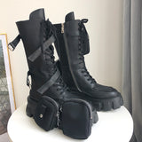 JESSY MARIA BRITISH STYLE CHUNKY PLATFORM LEATHER BOOTS WITH STRAP POCKET IN BLACK - boopdo