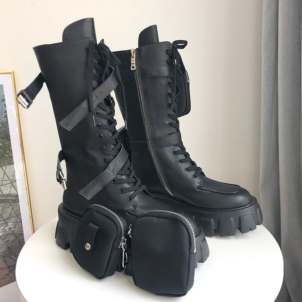 JESSY MARIA BRITISH STYLE CHUNKY PLATFORM LEATHER BOOTS WITH STRAP POCKET IN BLACK - boopdo