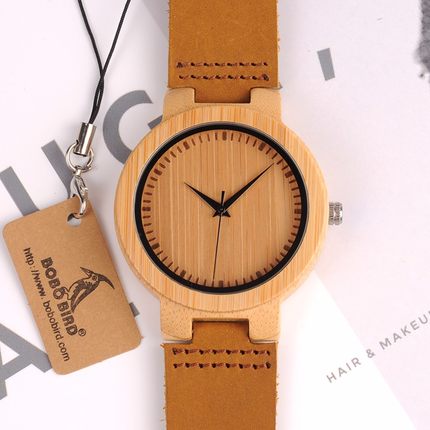 BOBO BIRD HANDMADE BAMBOO WOODEN ANTIQUE WATCH WITH LEATHER STRAP IN TAN - boopdo