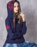 ARTKA TRENA KEER EMBROIDERED COTTON HOODED SWEATER IN NAVY - boopdo
