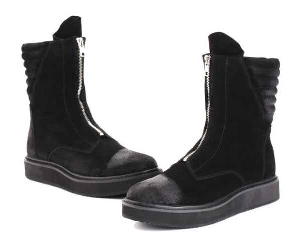 BARREL MATTE LEATHER CRAFT PLUSH HIGH TOP BLACK BOOTS - boopdo