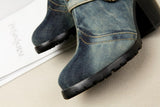 BOOPDO ARTISTIC DESIGN LUXILO WASHED DENIM JEAN HIGH HEEL BOOTS IN NAVY - boopdo