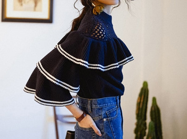 8GIRLS RUFFLE DETAIL KNITTED TOP IN DARK BLUE - boopdo