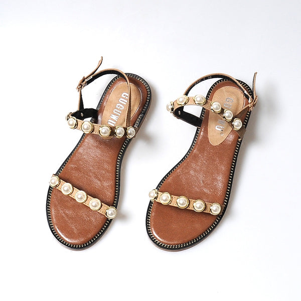 BOOPDO LEATHER  PEARL EMBELLISHED FLAT SANDALS - boopdo