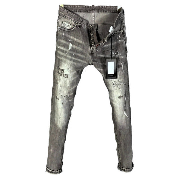 DSTWO PATCH RIPPED HOLE LOW WAIST SLIM DENIM PANTS IN GRAY - boopdo