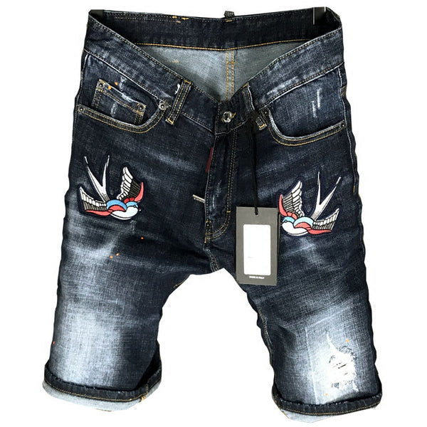 FLYING BIRD EMBROIDERY RIPPED LACQUER DENIM JEAN SHORT PANTS IN BLUE - boopdo
