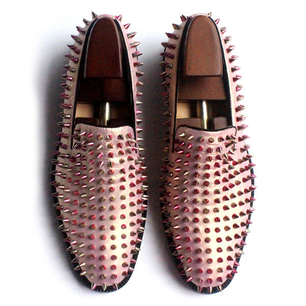JINIWU VANGUARD HANDMADE LEATHER LOAFER SHOES IN ROSE POWDER WITH RIVET - boopdo