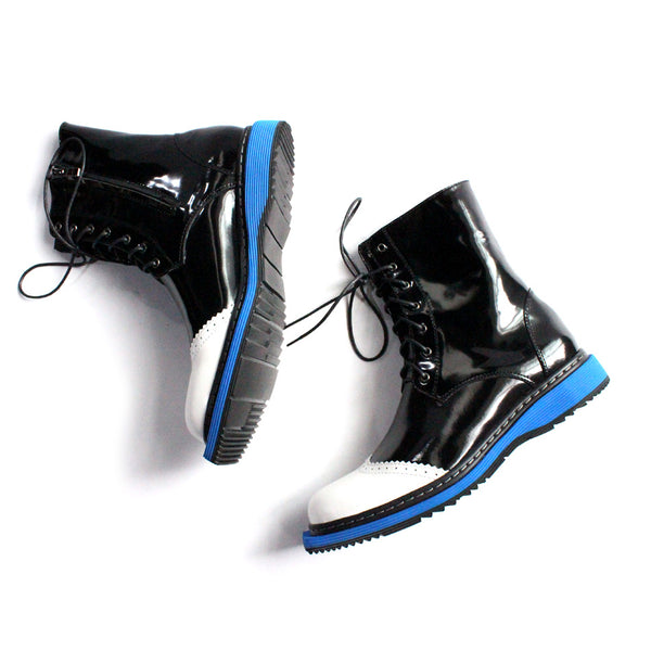 JINIWU VANGUARD HANDMADE BLUE BOTTOM LACE UP LEATHER BOOTS IN BLACK - boopdo