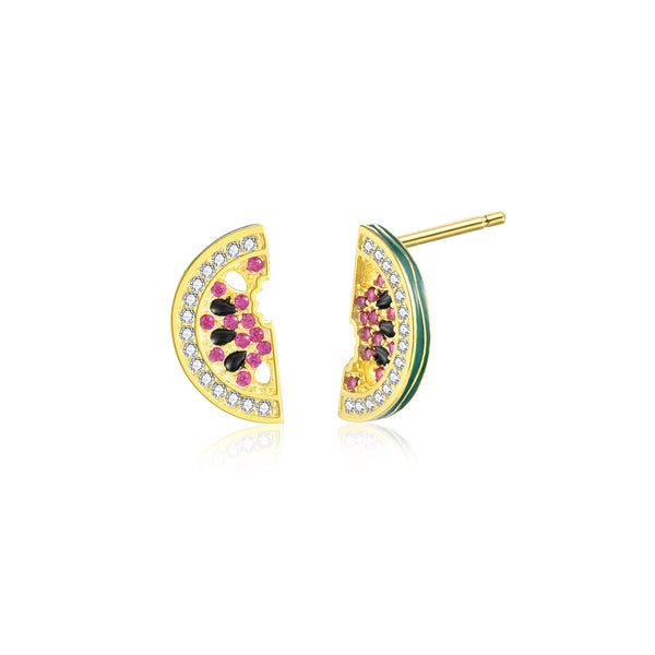 JELLY GIRL 14K GOLD PLATED CRYSTAL WATERMELON DESIGN STUD EARRINGS - boopdo
