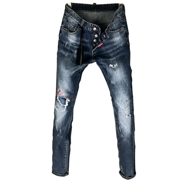 DSTWO PATCH HOLE RIPPED DENIM LOW WAIST SLIM JEANS IN BLUE - boopdo