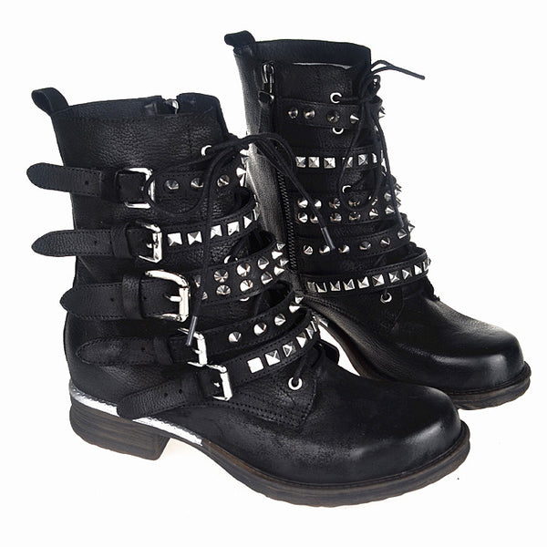 PROVA PERFETTO GOTHIC ANIME STYLE LEATHER WOMENS BOOTS WITH RIVET - boopdo
