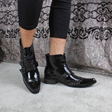 RODEO CAMPO BUCKLE MID HEEL POINTED TOE LEATHER BOOTS IN BLACK - boopdo