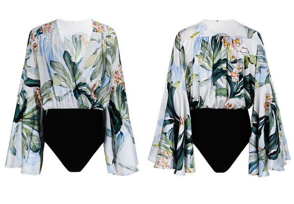 SINCE THEN FRILL SLEEVE WRAP FRONT BODY IN TROPICAL FLORAL - boopdo