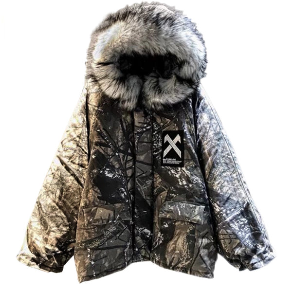 ZAZU PARKAS FAUX FUR COLLAR COTTON MOUNTAIN PRINT HOODED JACKET IN CAMO - boopdo