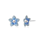 JELLY GIRL STERLING SILVER STUD EARRINGS IN BLUE IRIS DESIGN WITH PEARL DETAIL - boopdo