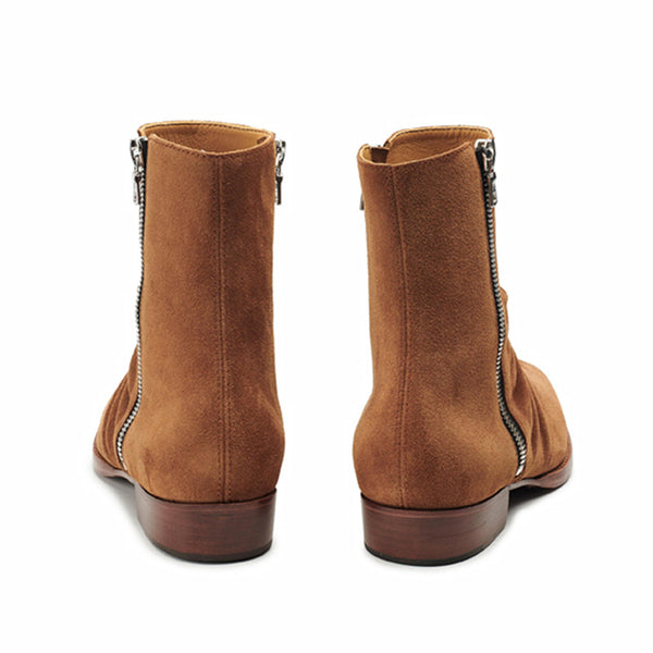 MYZ BOOPDO IN BLACK AND BROWN SUEDE PLEATED ZIP CHELSEA BOOTS - boopdo