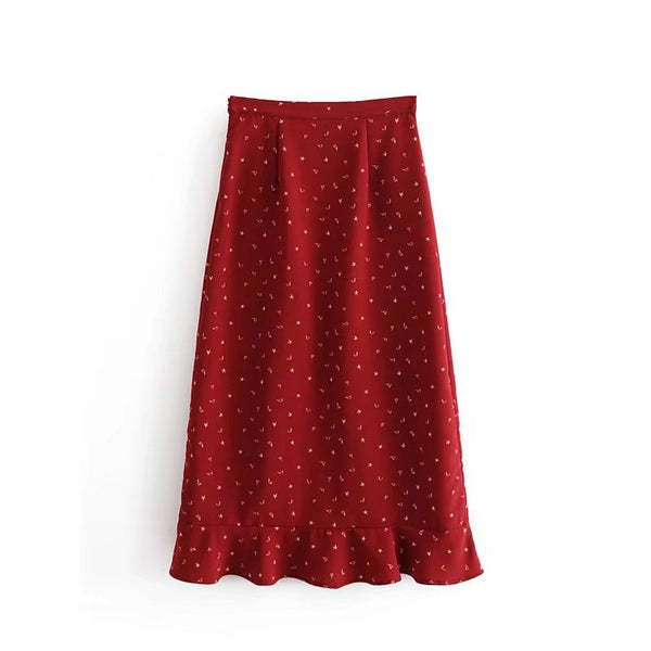 CINDY CASUAL FRENCH DESIGN FLORAL HIGH WAIST RUFFLED SKIRT IN RED - boopdo