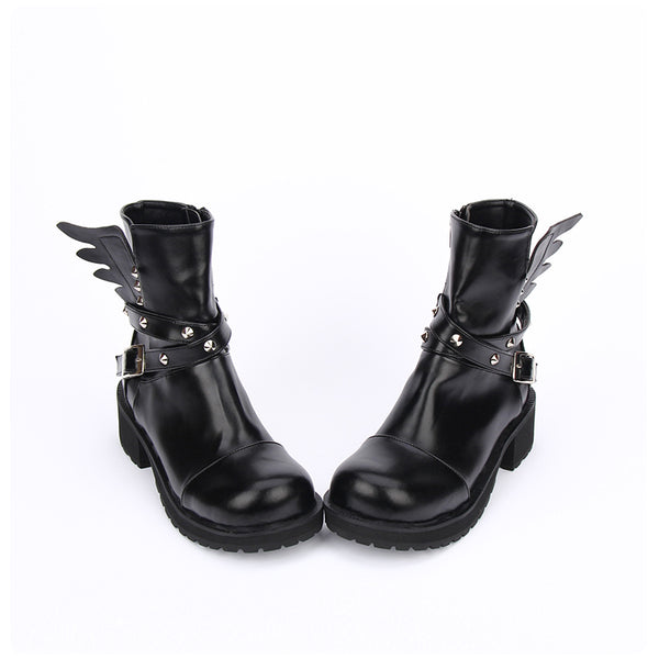 TIFFANO LOLITA COSBY PUNK BOOTIES WITH WING BELT IN BLACK - boopdo