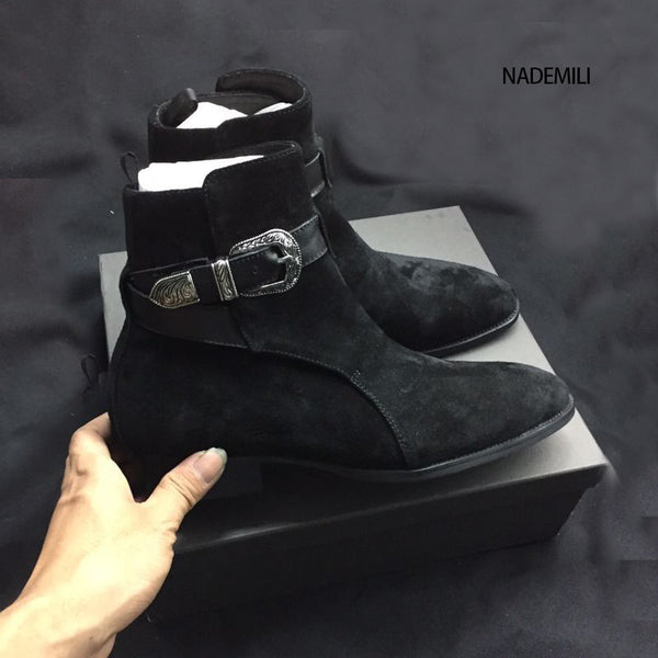 NADEMILI MARTOX BUCKLED BLACK SUEDE ANKLE CHELSEA BOOTS - boopdo