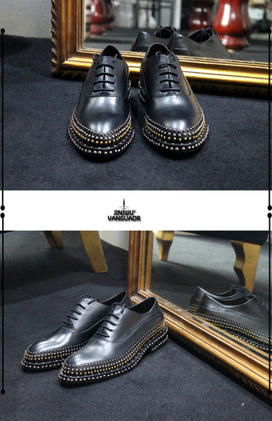 JINIWU VANGUARD HANDMADE OXFORD STYLE LEATHER SHOES IN BLACK WITH RIVET - boopdo