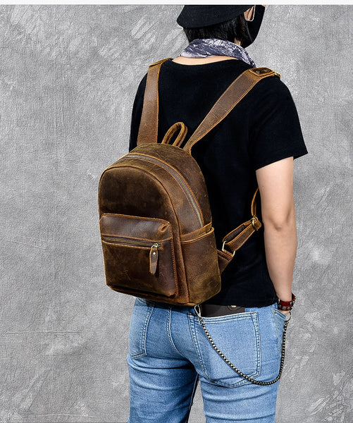 TWENTY FOUR STREET HANDMADE VINTAGE 10 INCHES LEATHER TRAVEL BACKPACK IN BROWN - boopdo