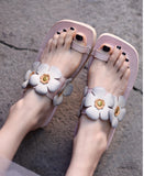 ARTMU FLORAL EMBROIDERED LEATHER TOE LOOP FLAT SANDALS IN PINK - boopdo